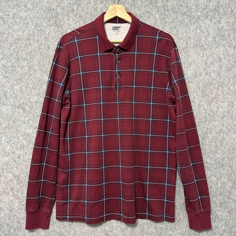 Lands End Mens Medium Tall Traditional Fit Long Sleeve Polo Shirt Plaid Burgundy